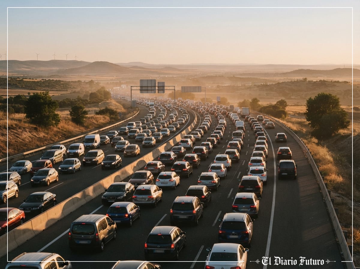 Atasco de coches en una autovía al atardecer