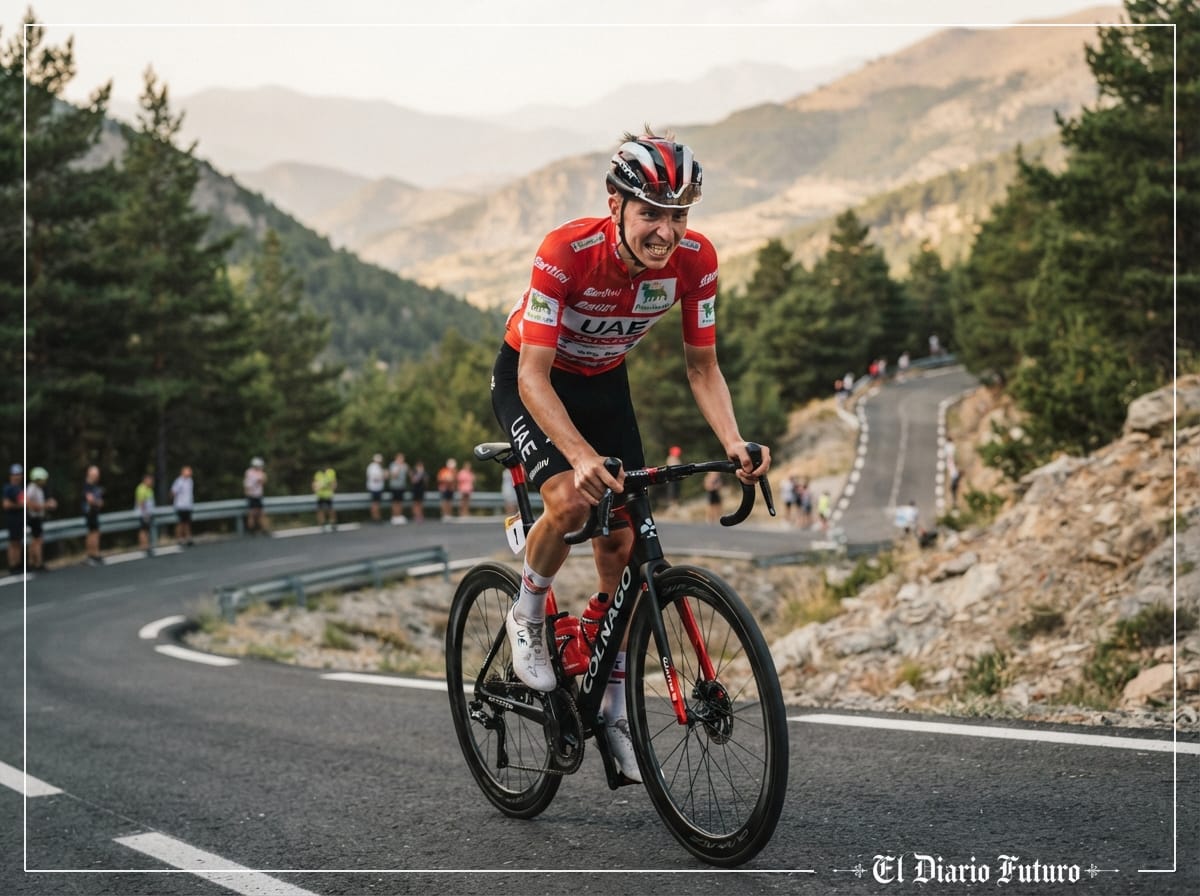 Ciclista con maillot rojo de líder atacando en solitario en una subida de montaña