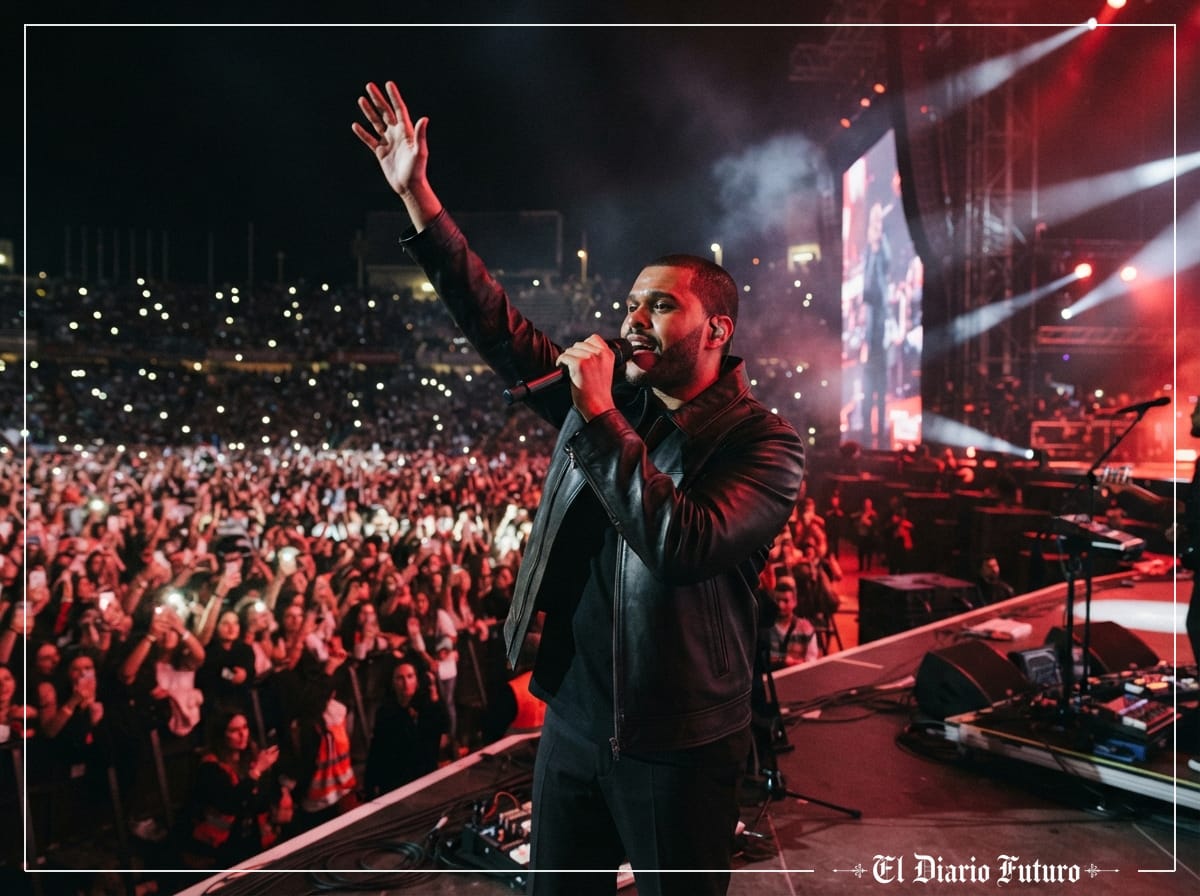 Cantante actuando en un gran concierto de estadio de noche