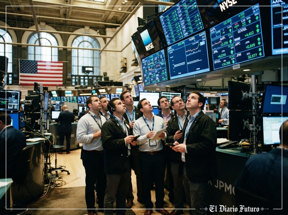 Operadores de bolsa observando pantallas con cotizaciones al alza