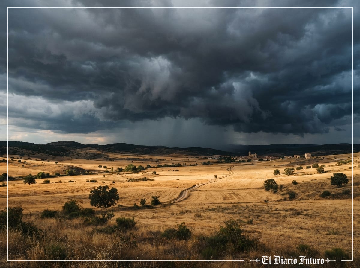 Nubes de tormenta avanzando sobre un paisaje del norte de España tras el calor