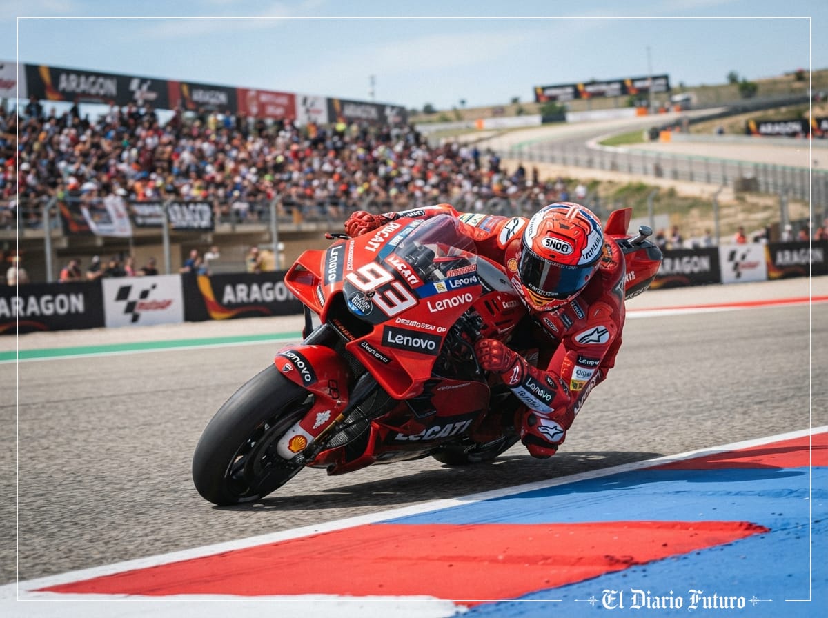 Marc Márquez pilota su Ducati roja inclinado en una curva de MotorLand