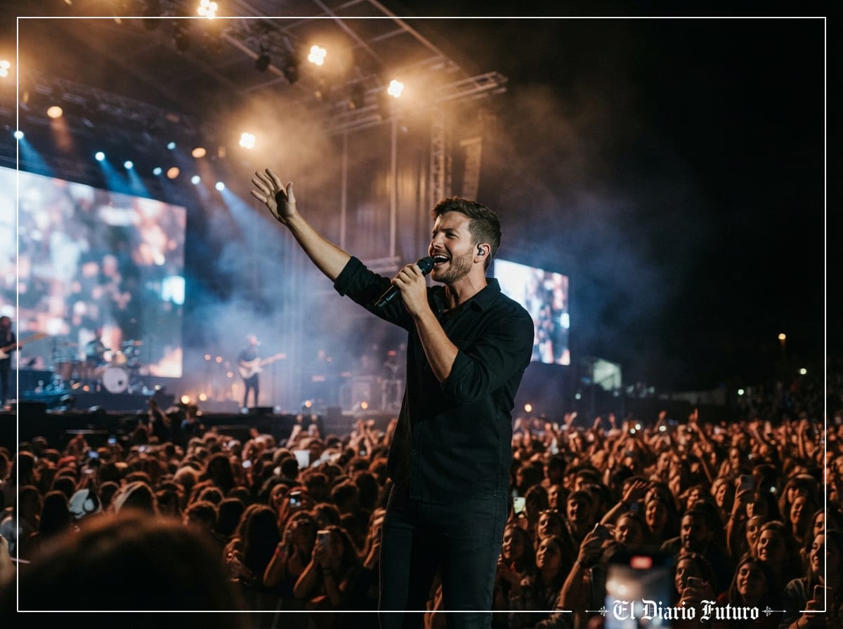 Pablo Alborán canta en un escenario iluminado ante una multitud en un festival nocturno