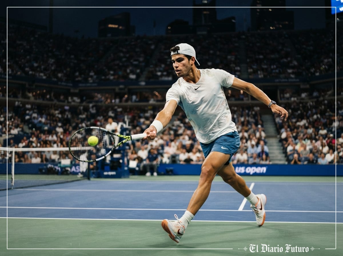 Carlos Alcaraz golpea una derecha durante un partido nocturno del US Open.