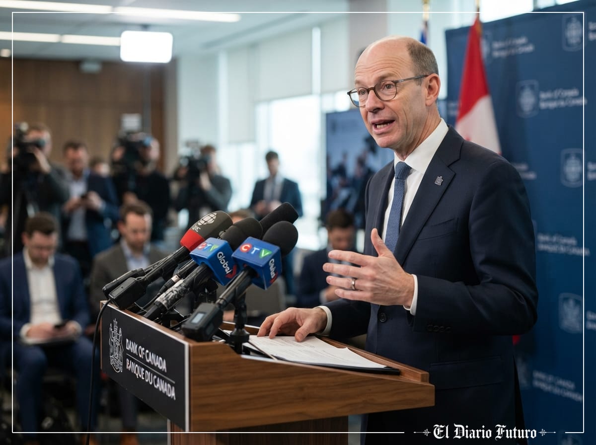 Tiff Macklem, gobernador del Banco de Canadá, comparece ante los micrófonos.