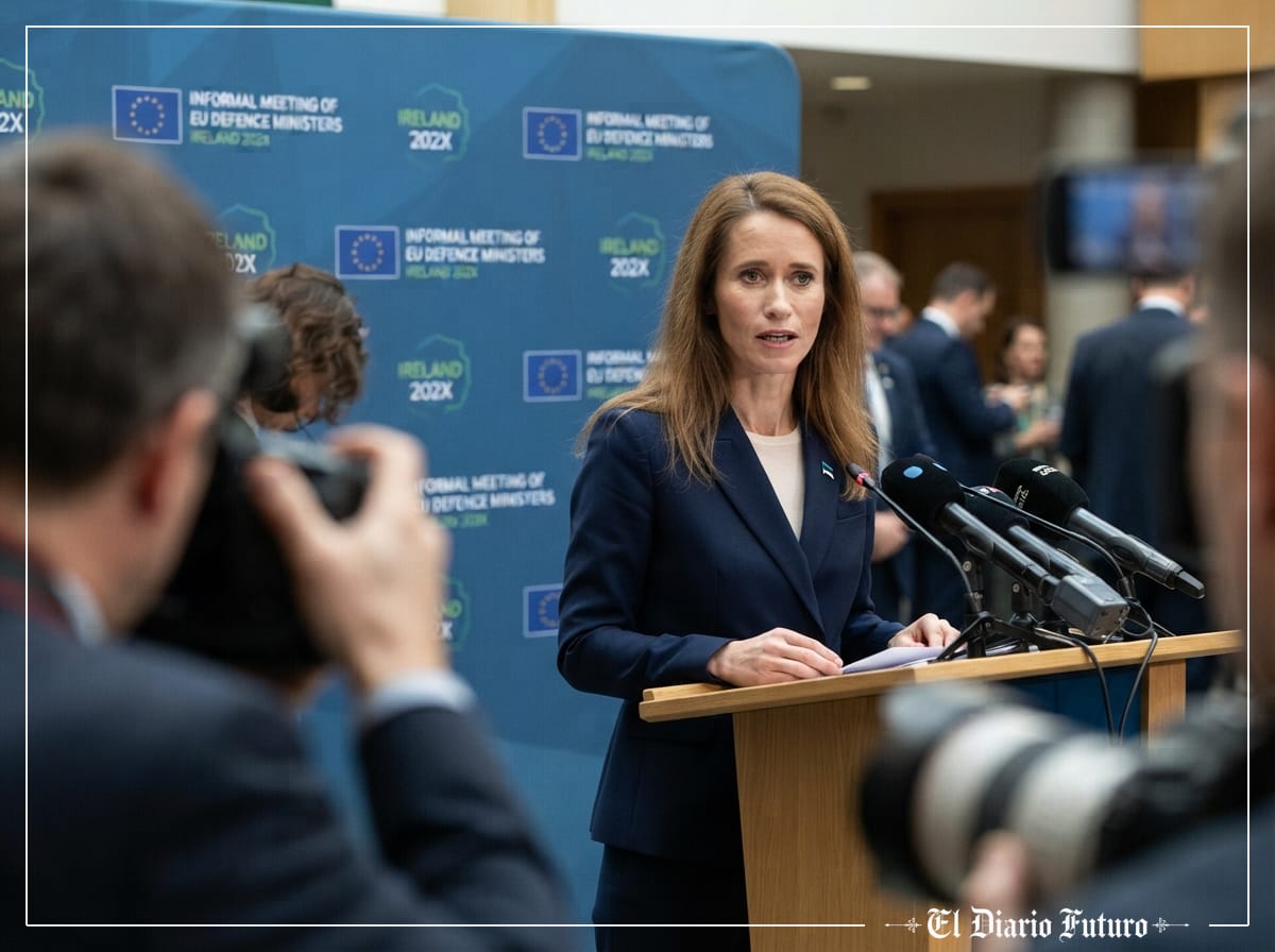 Kaja Kallas comparece ante la prensa tras una reunión europea.