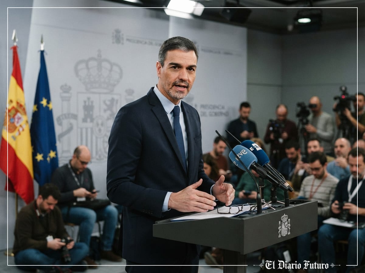 Pedro Sánchez interviene en un atril institucional.