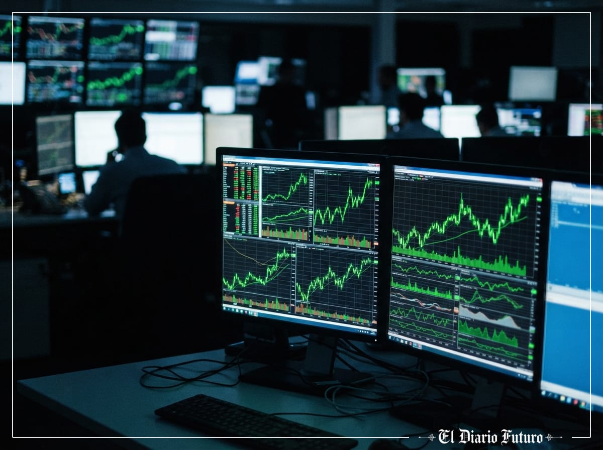 Pantallas financieras mostrando la cotización de una tecnológica subiendo en verde.