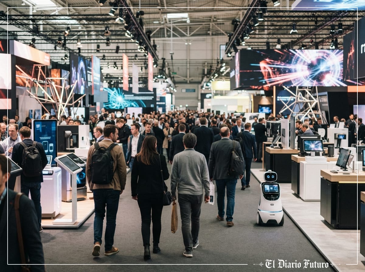 Visitantes recorren un stand tecnológico con robots y electrodomésticos inteligentes en una feria.