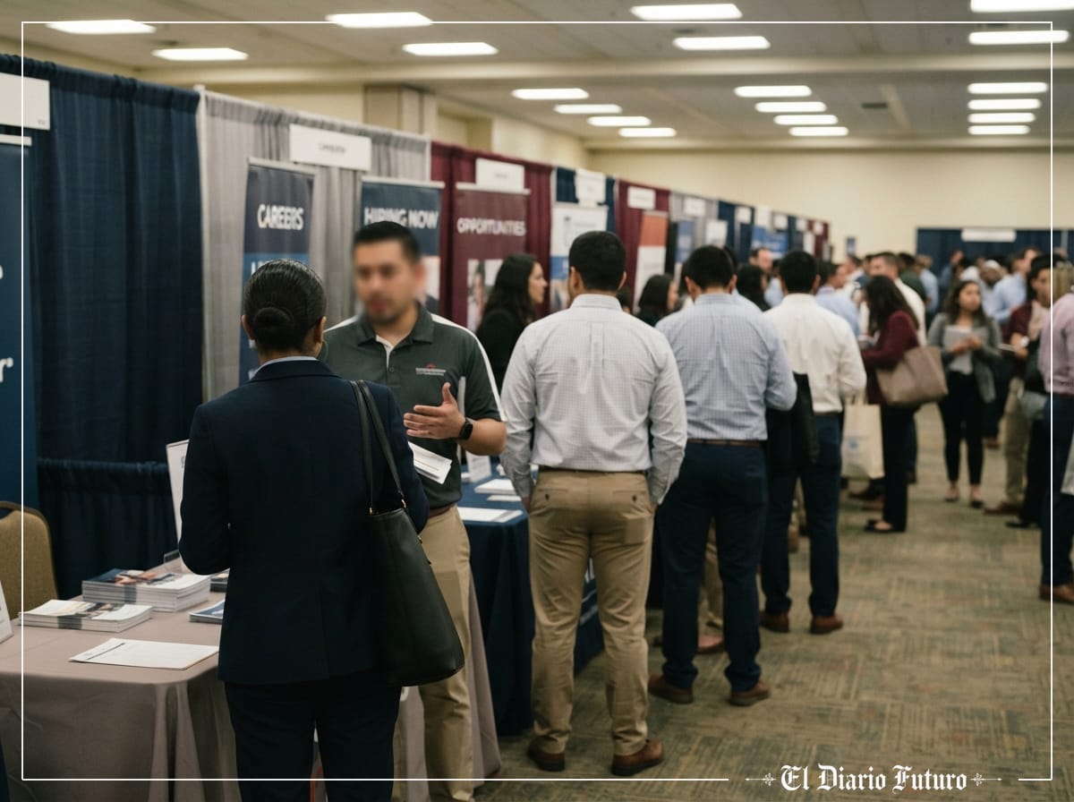 Personas hacen cola en una feria de empleo ante varios mostradores de empresas.