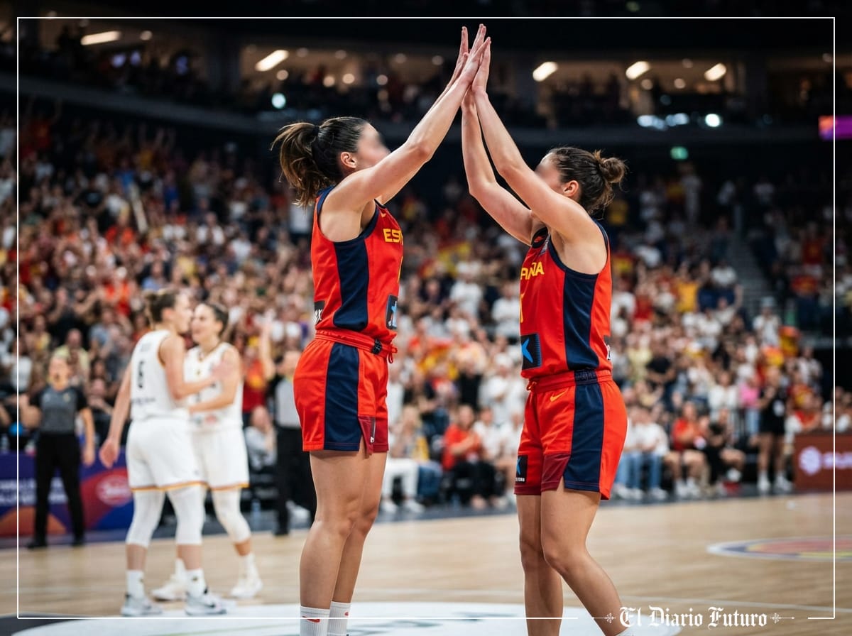 Jugadoras de baloncesto de la selección española celebran una canasta sobre la cancha.
