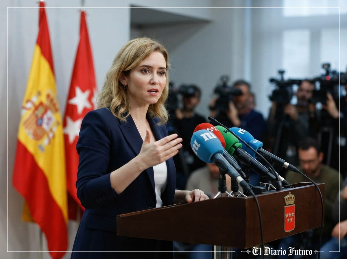 Isabel Díaz Ayuso interviene ante los medios en un atril institucional.