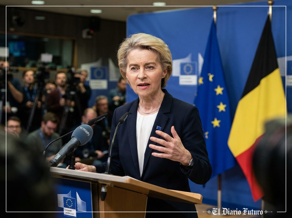 Ursula von der Leyen comparece ante los medios en una sala institucional de la UE.