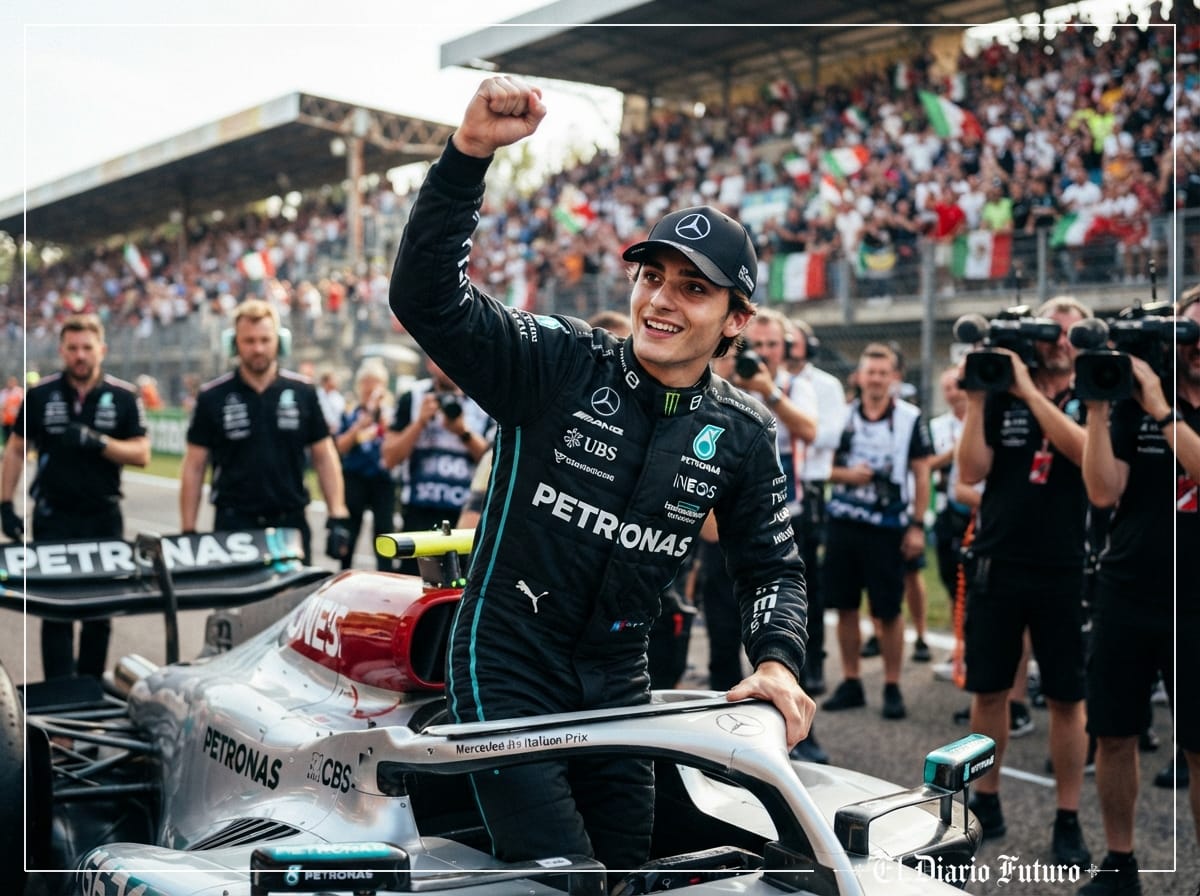 Piloto de Fórmula 1 celebrando la pole junto a su monoplaza