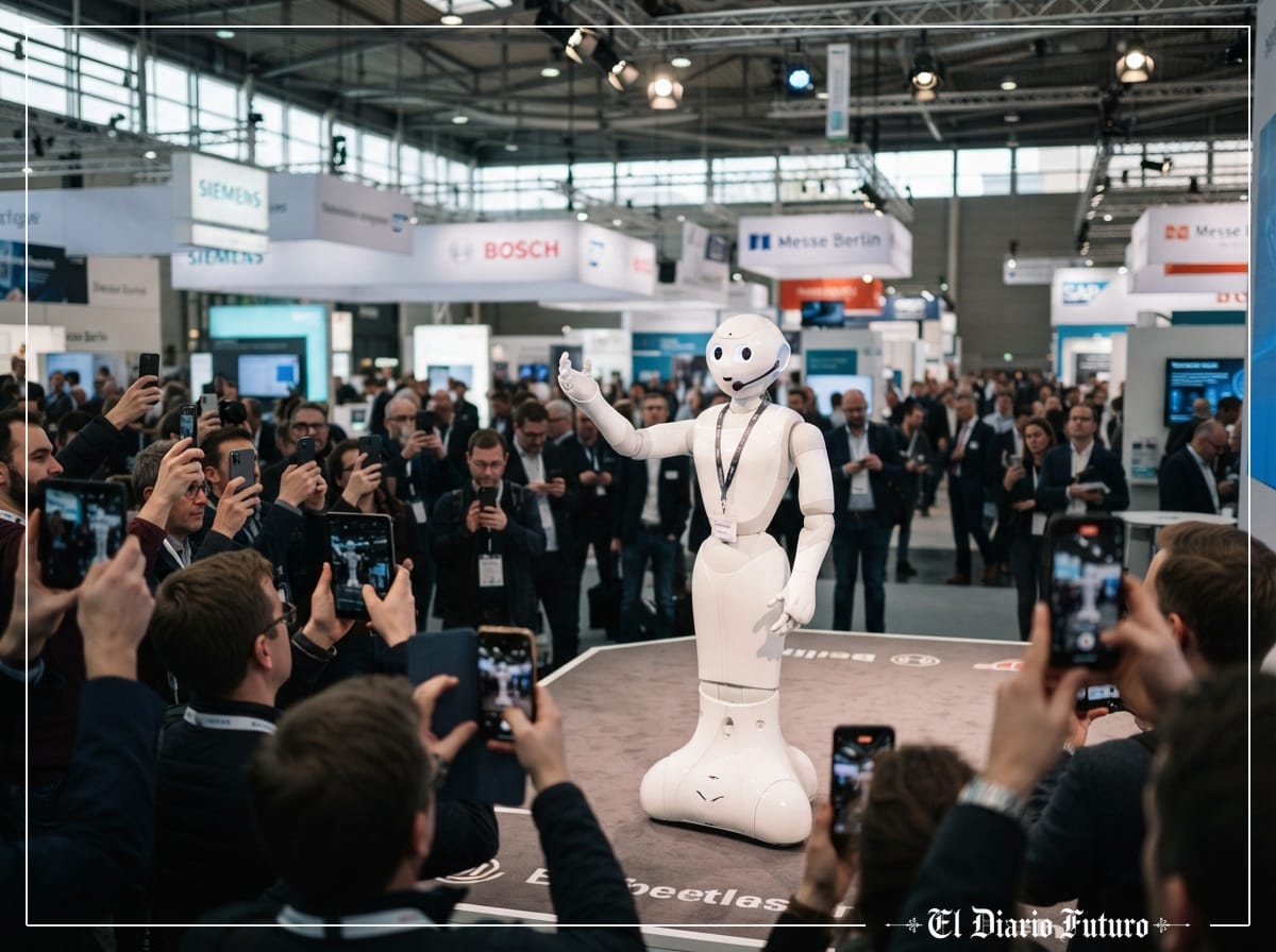 Robot humanoide rodeado de visitantes que lo graban con sus móviles en una feria tecnológica