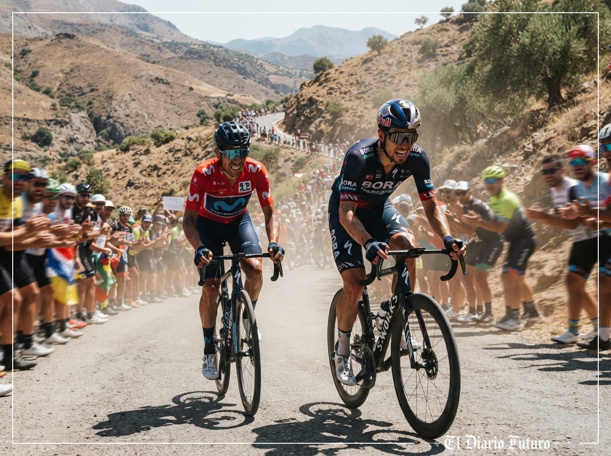 Ciclista con maillot rojo de líder sufriendo en una subida de montaña bajo un sol de justicia