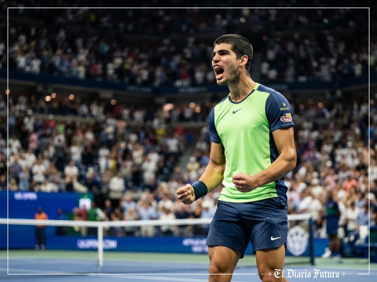 Carlos Alcaraz celebra un punto en la pista Arthur Ashe del US Open.