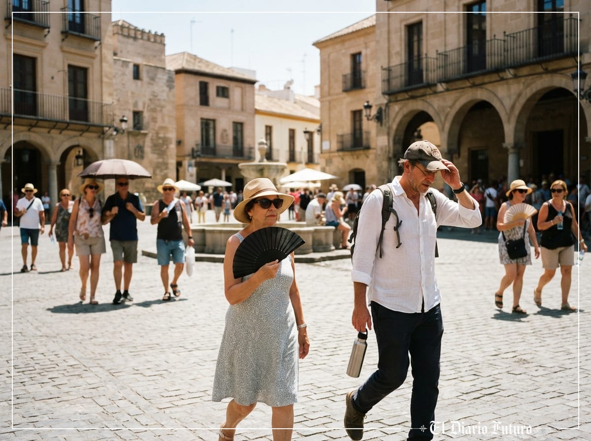 Viandantes se protegen del sol en una plaza andaluza durante un episodio de calor intenso.
