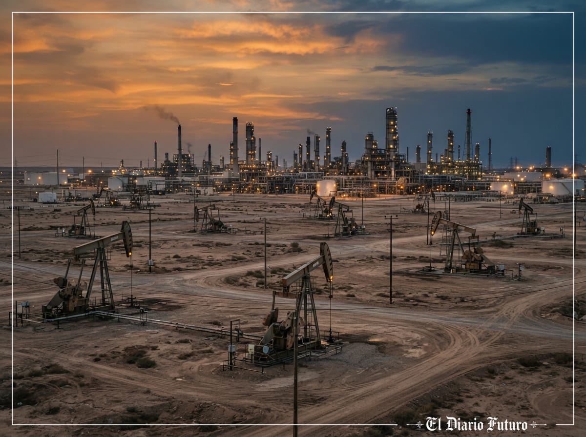 Instalación petrolera al atardecer que ilustra la decisión de producción de la OPEP+.