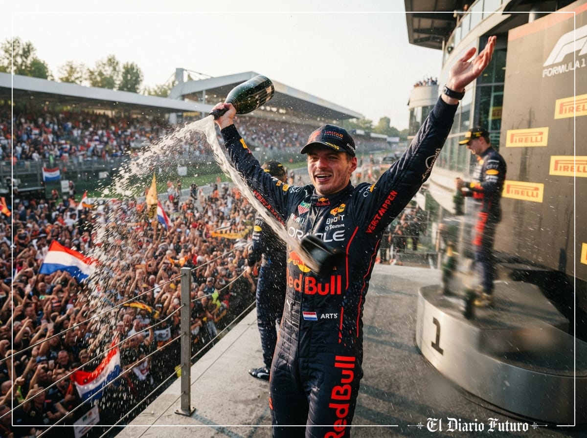 Un piloto de Fórmula 1 celebra la victoria en el podio de Monza.