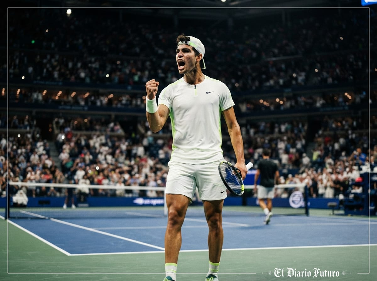 Carlos Alcaraz golpea una derecha en la pista central del US Open