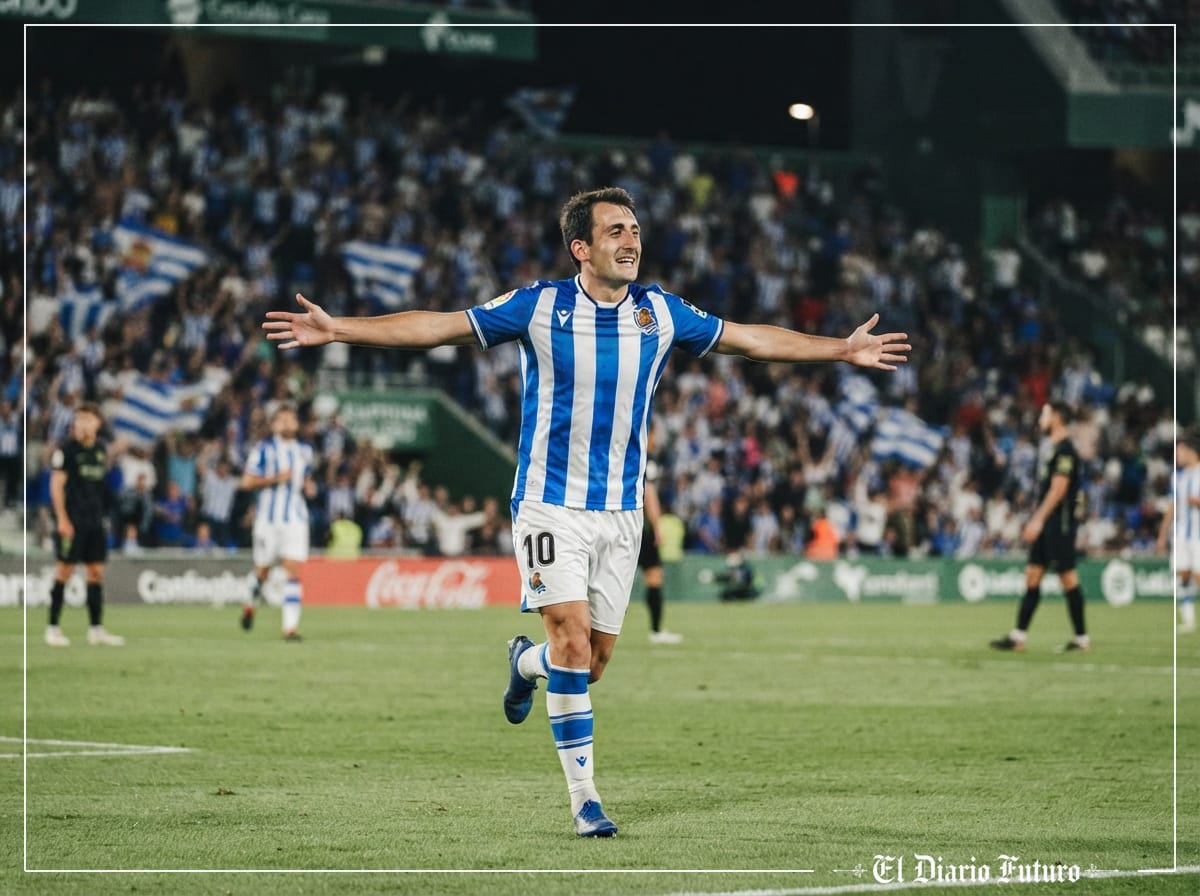 Mikel Oyarzabal celebra un gol con la camiseta de la Real Sociedad