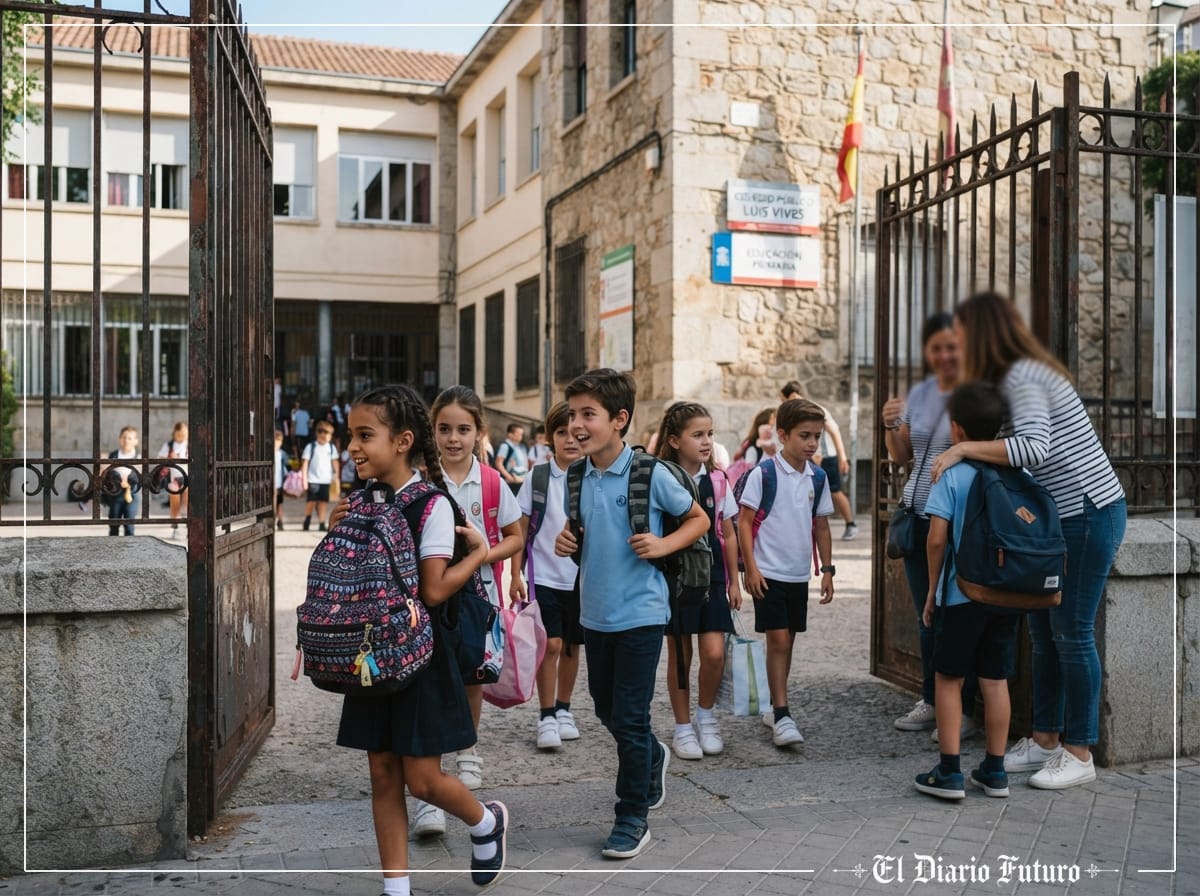 Alumnos con mochilas entran a un colegio el primer día de curso