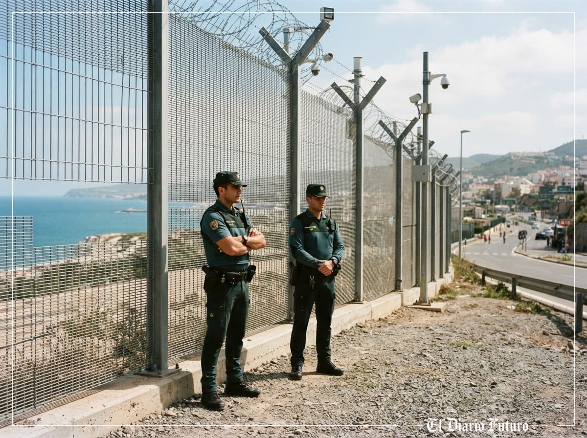 Agentes de la Guardia Civil junto a la valla fronteriza de Ceuta