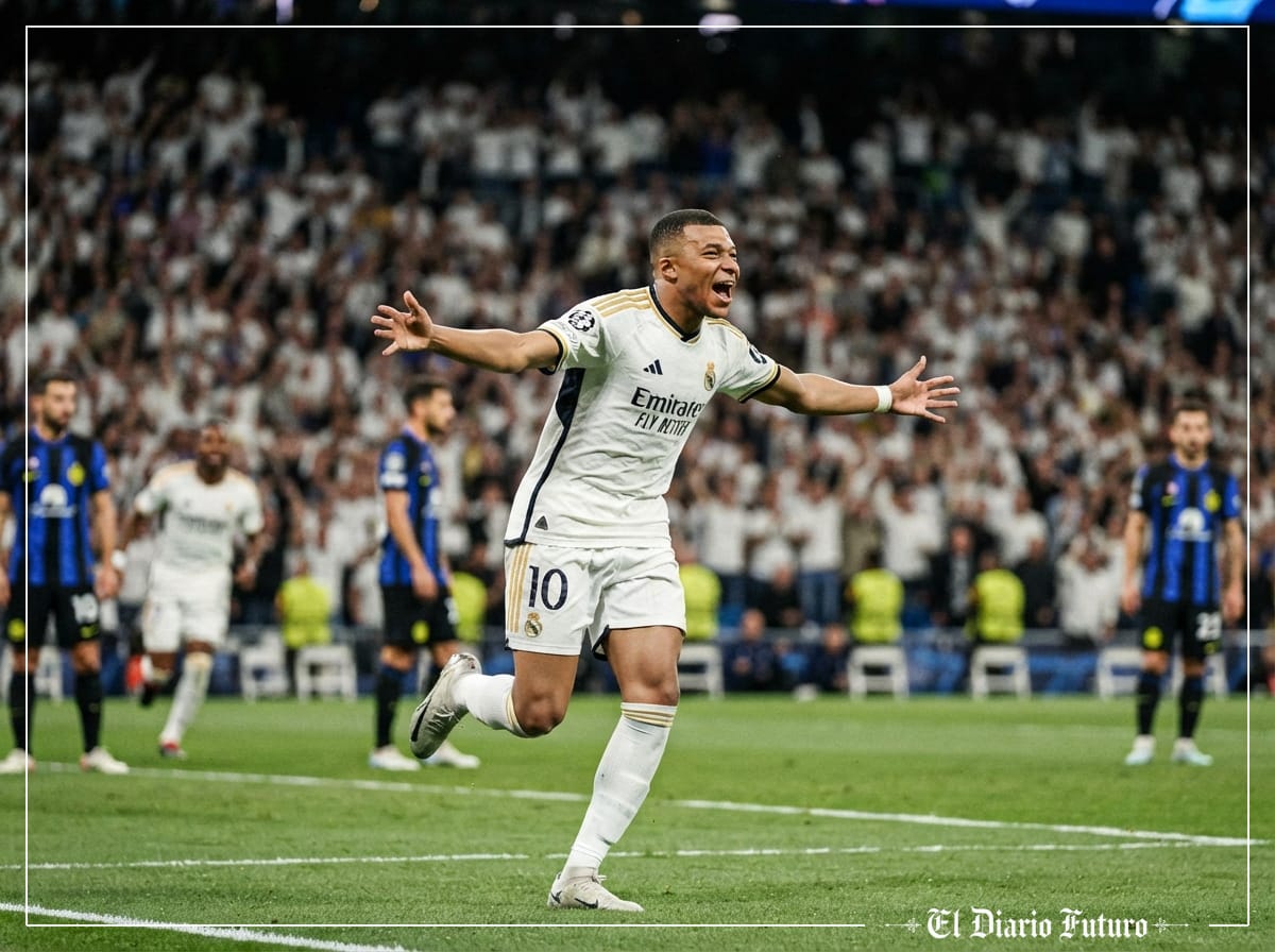 Kylian Mbappé celebra un gol con los brazos abiertos en el Santiago Bernabéu