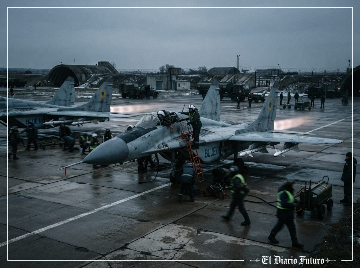 Cazas militares en una pista al amanecer con personal de tierra alrededor.