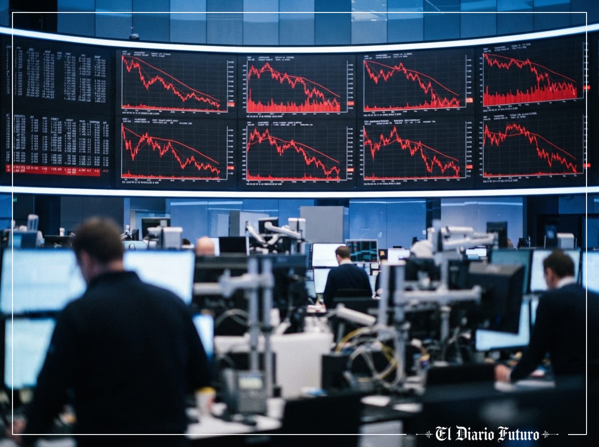 Panel de cotizaciones bursátiles con gráficos en rojo en una sala de mercados.