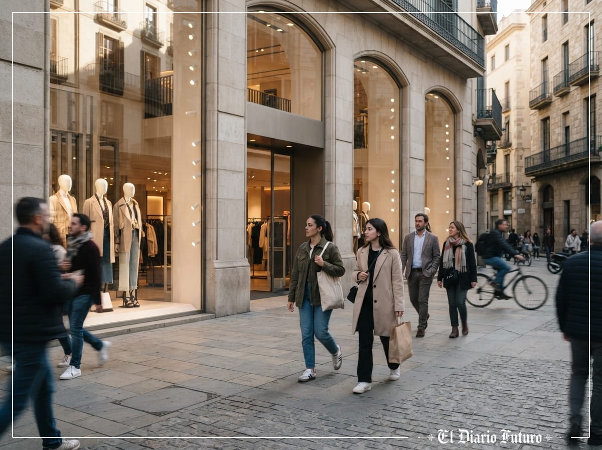 Compradores frente al escaparate de una gran tienda de moda en el centro de una ciudad.
