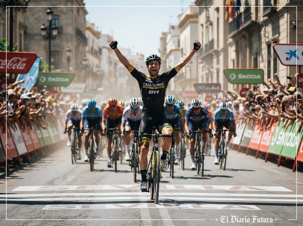 Un ciclista con maillot negro y amarillo levanta los brazos al ganar un esprint en una calle.