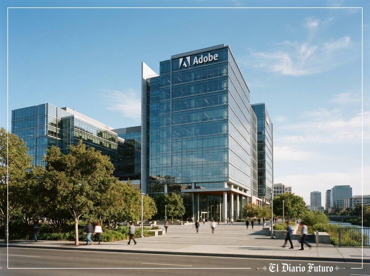 Logotipo corporativo de Adobe en la fachada de un edificio.