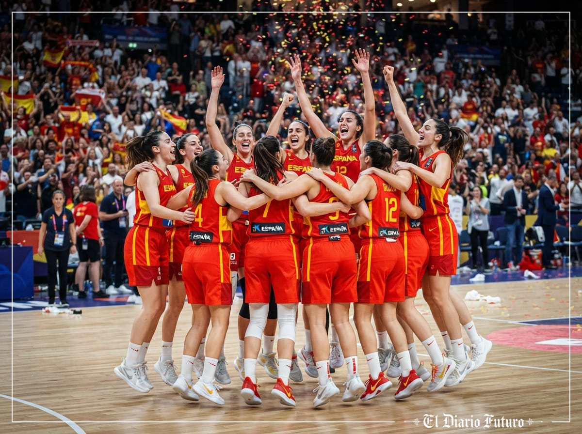 Jugadoras de la selección española de baloncesto femenino celebran una victoria en la cancha.