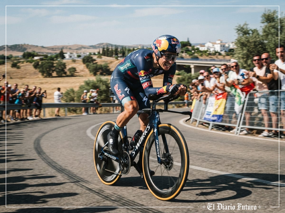 Ciclista lanzado en una bicicleta de contrarreloj por las calles de Jerez.