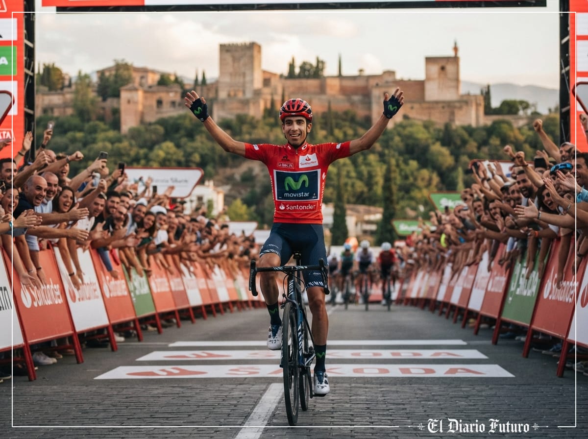 Enric Mas, con el maillot rojo, celebra en Granada su victoria en la Vuelta a España