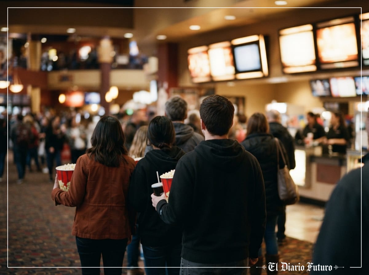 Espectadores hacen cola ante las taquillas de un multicine en Estados Unidos un domingo por la tarde