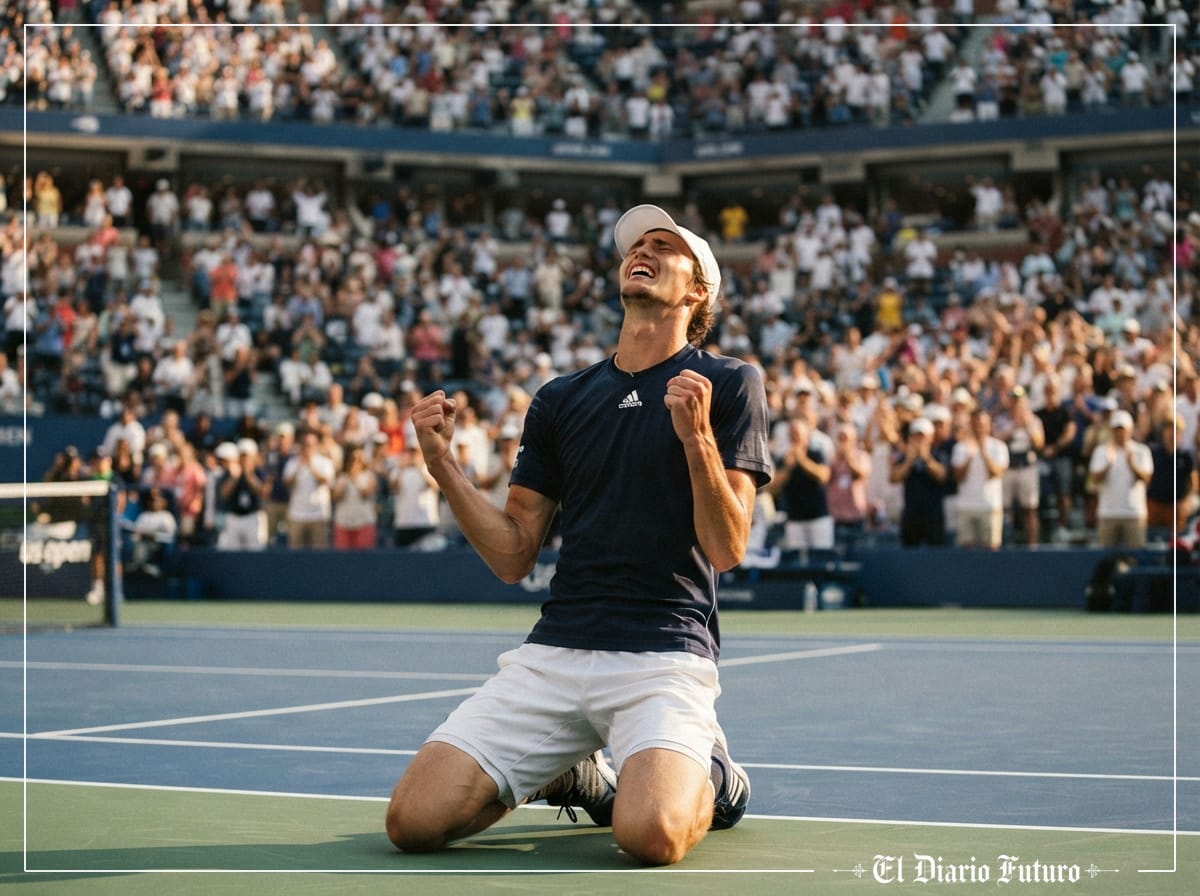 Alexander Zverev celebra de rodillas en la pista Arthur Ashe su victoria en la final del US Open