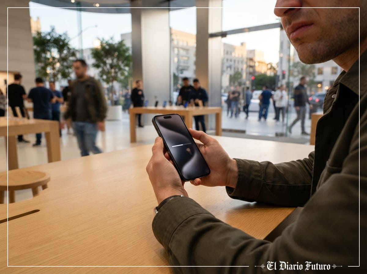 Una persona sostiene un iPhone mientras instala la actualización de iOS 27 en una tienda de Apple.