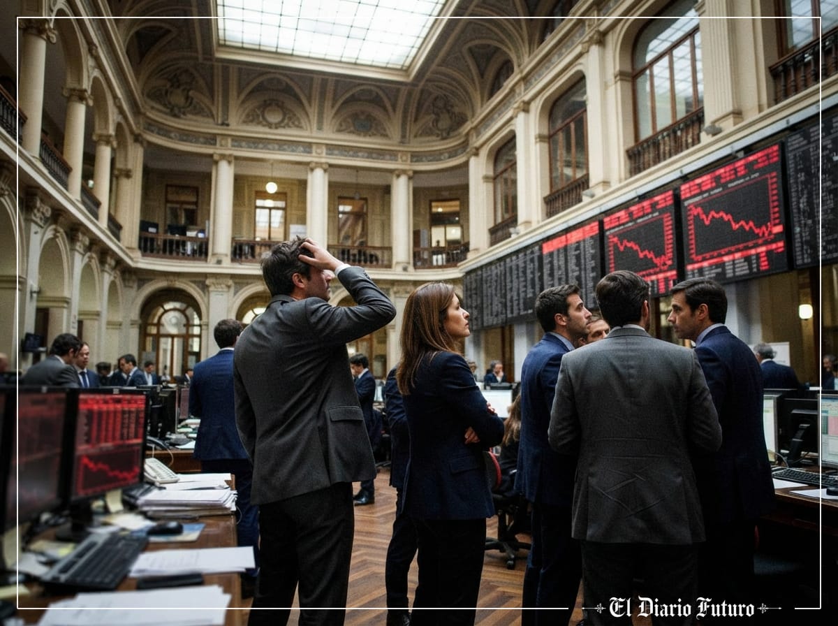 Operadores siguen las pantallas en el Palacio de la Bolsa de Madrid en una sesión a la baja.