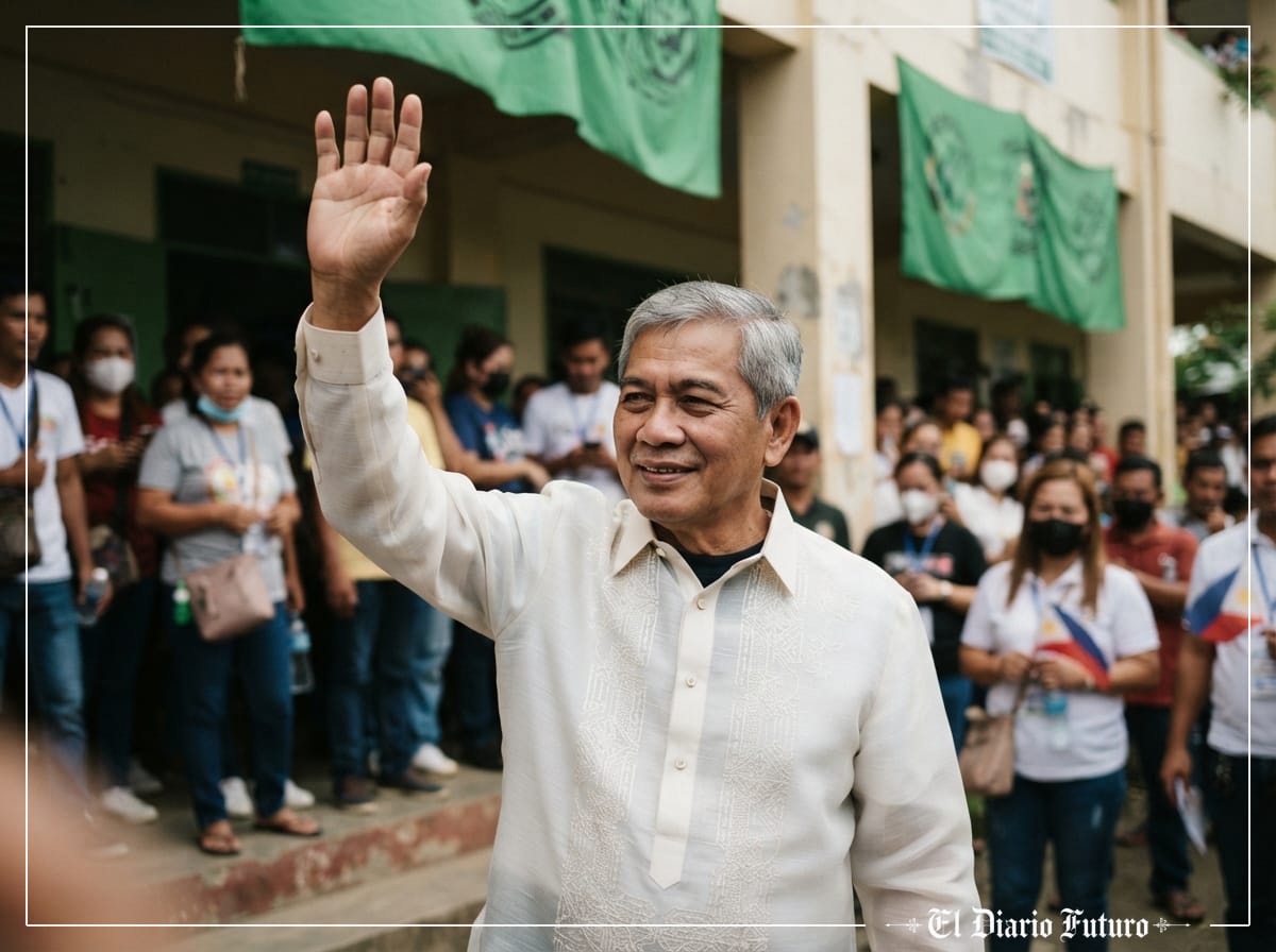 Abdulraof Macacua saluda a sus seguidores en Cotabato tras votar en las primeras elecciones al Parlamento de Bangsamoro.