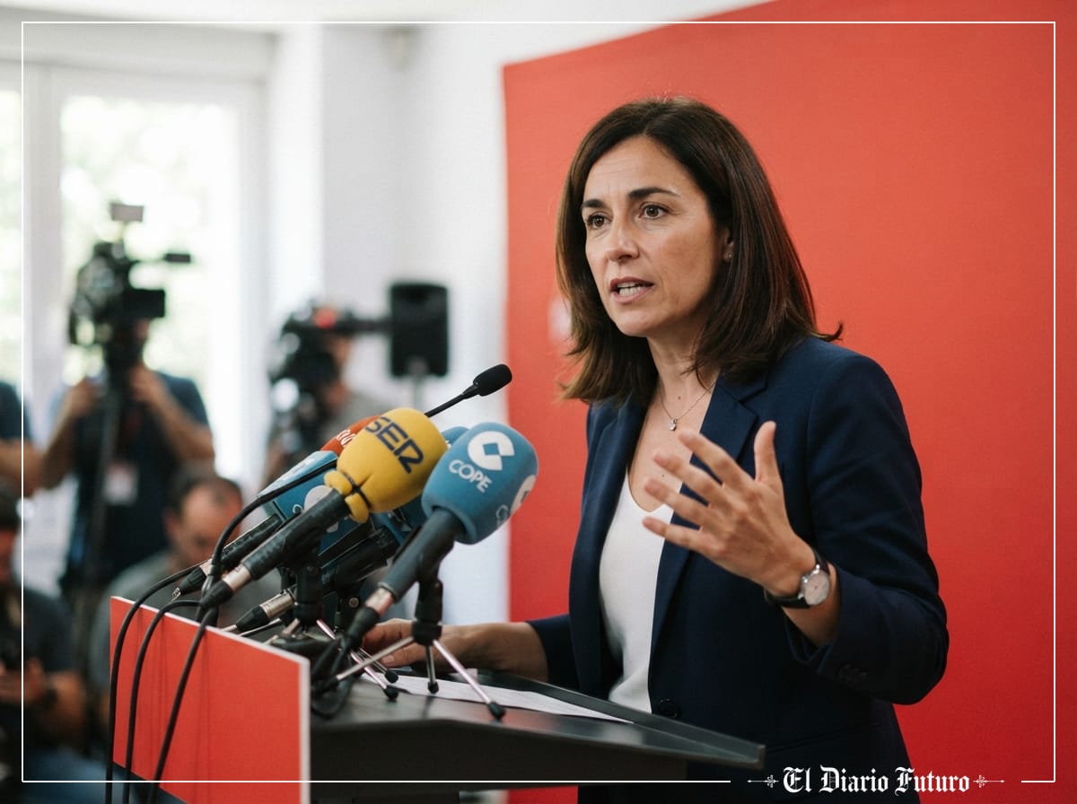 Montse Mínguez comparece ante la prensa en la sede del PSOE en Ferraz tras la Comisión Ejecutiva Federal.