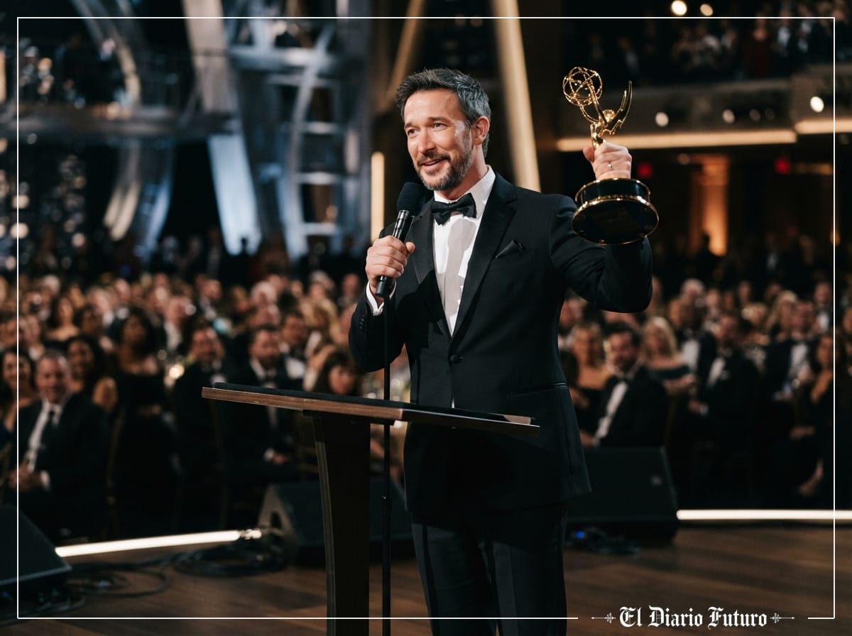 Noah Wyle recoge el Emmy al mejor actor de drama en el escenario del Peacock Theater de Los Ángeles.