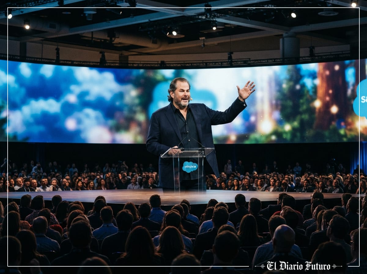 Marc Benioff habla sobre el escenario de la keynote inaugural de Dreamforce 2026 en el Moscone Center de San Francisco.