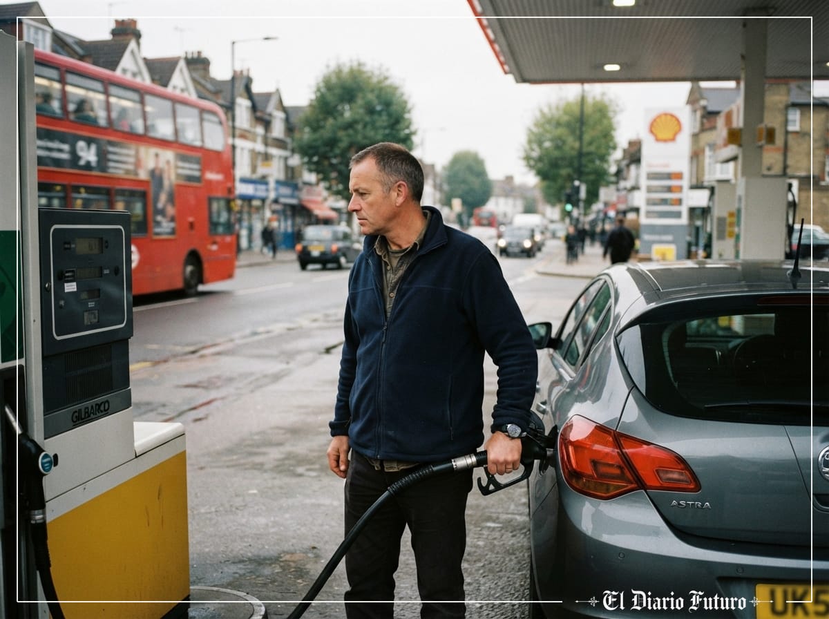 Una persona reposta combustible en una gasolinera de Londres con los precios en el surtidor al fondo.