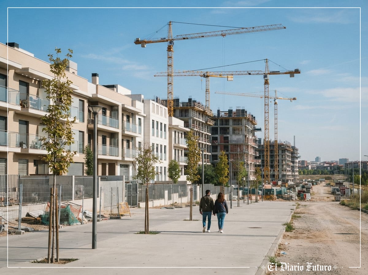 Bloques de viviendas de nueva construcción con grúas en un desarrollo residencial de Madrid.