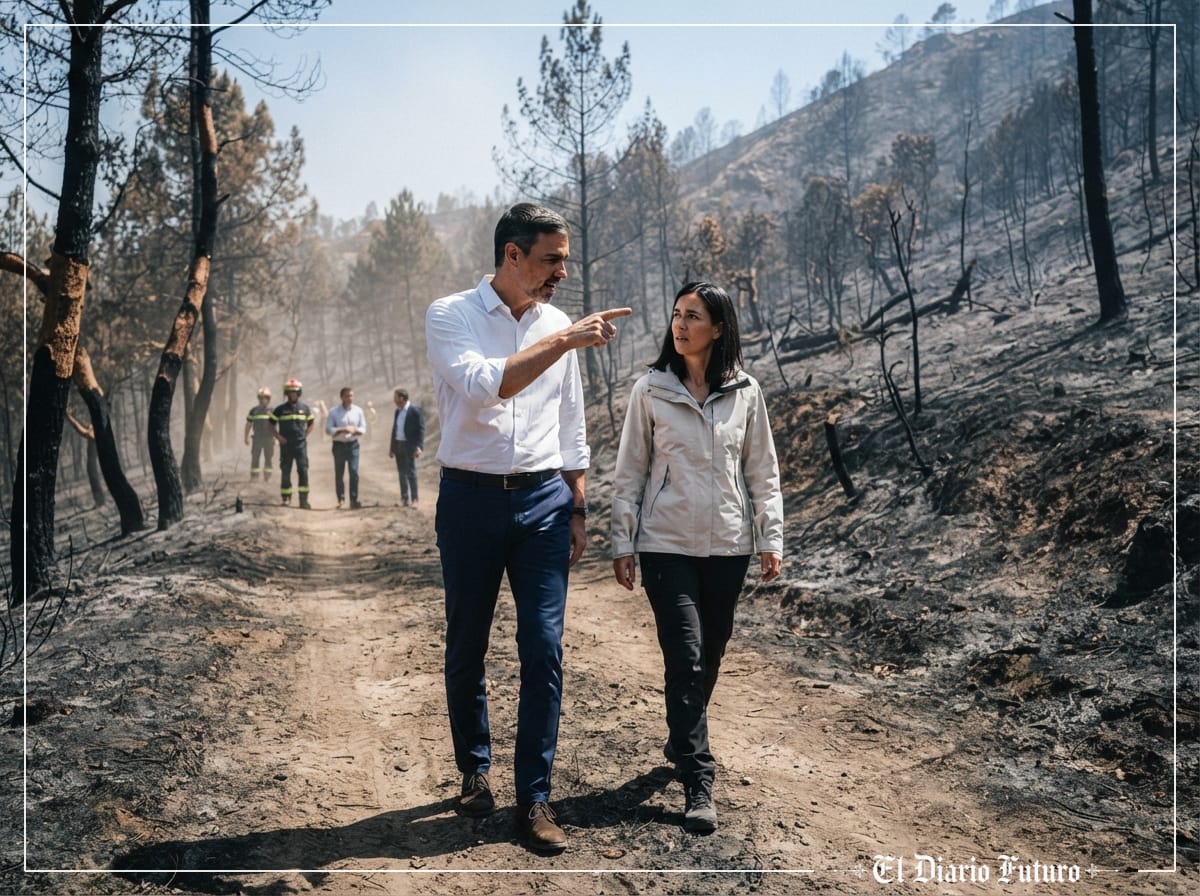 Pedro Sánchez y Sara Aagesen recorren una zona de monte quemado en Niebla, Huelva.