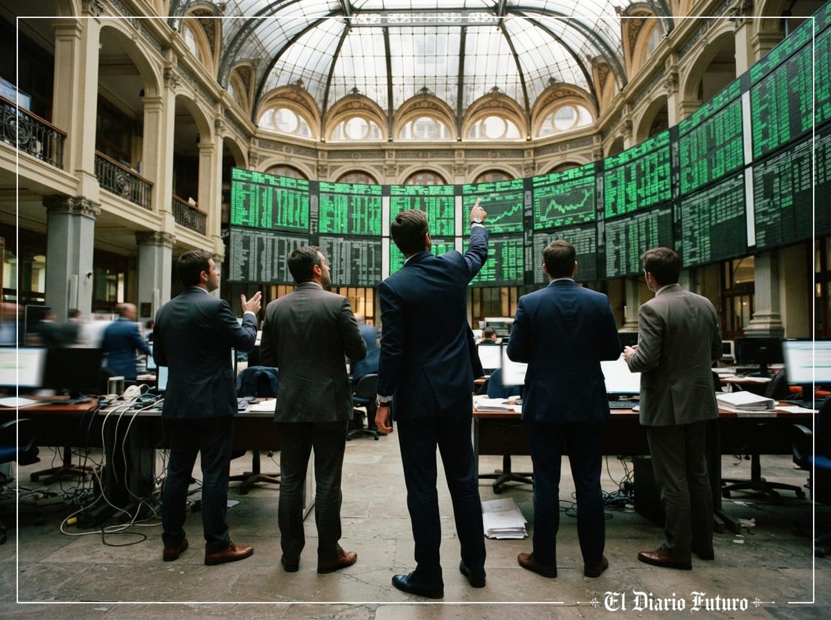 Operadores observan las pantallas de cotización en el parqué del Palacio de la Bolsa de Madrid.