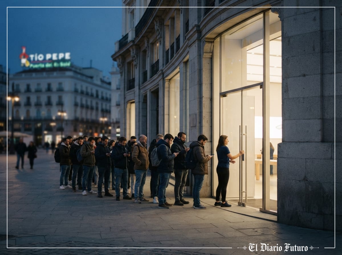 Clientes hacen cola a primera hora frente a la Apple Store de la Puerta del Sol de Madrid el día del lanzamiento del iPhone 18 Pro.